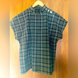 Ann Taylor mock neck Blouse. Black with tan and white plaid pattern.  Size M.